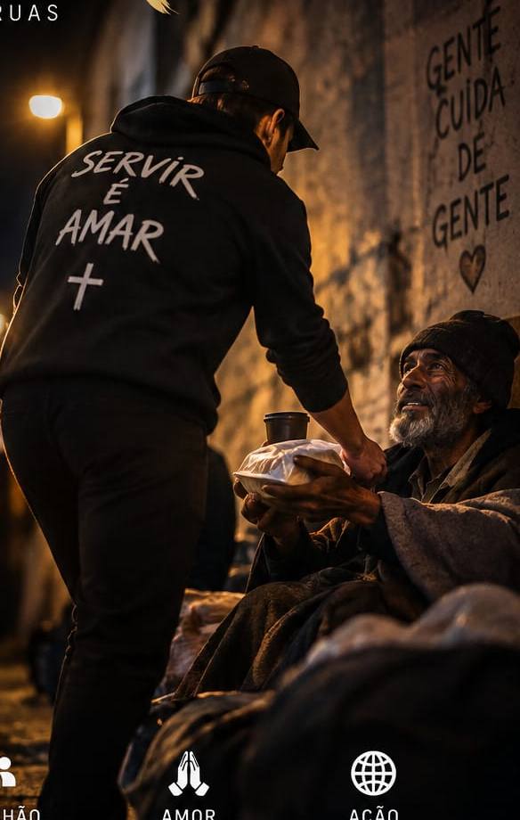 Voluntário do Projeto Eis Me Aqui entregando alimento a um morador de rua à noite
